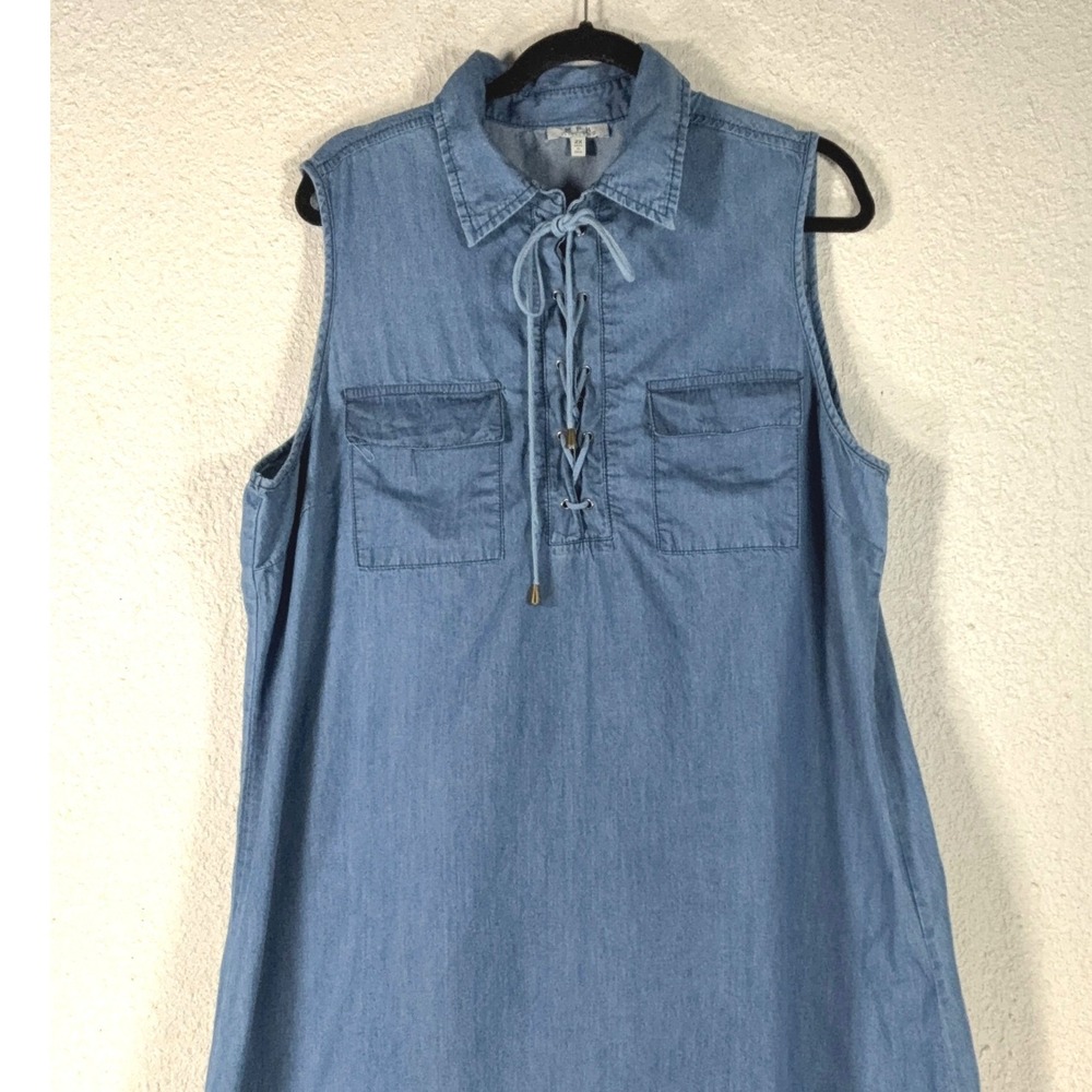 MPH Collection Blue Denim Dress - 2X - Lace Up Sleeveless Chambray Boho Western